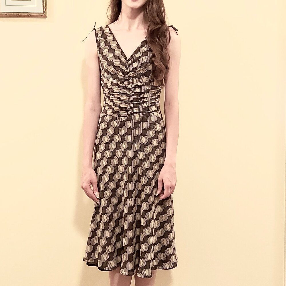 Brown Polka Dot Midi Dress Ruched Bodice V Neck A Line Sleeveless Adjustable